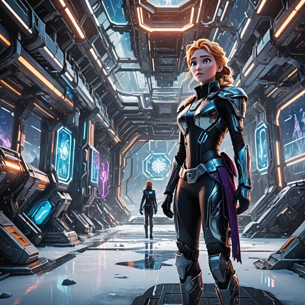 Futuristic Sci-Fi Anna in Snowy Tech Hub