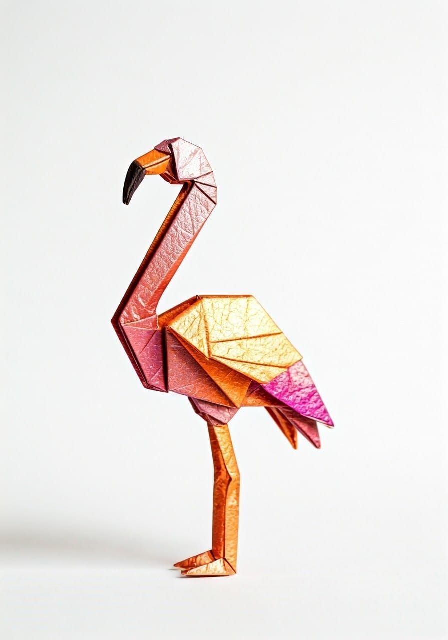 Origami of a beautiful flamingo, in colors: #2E2E2E, #FF8B00...