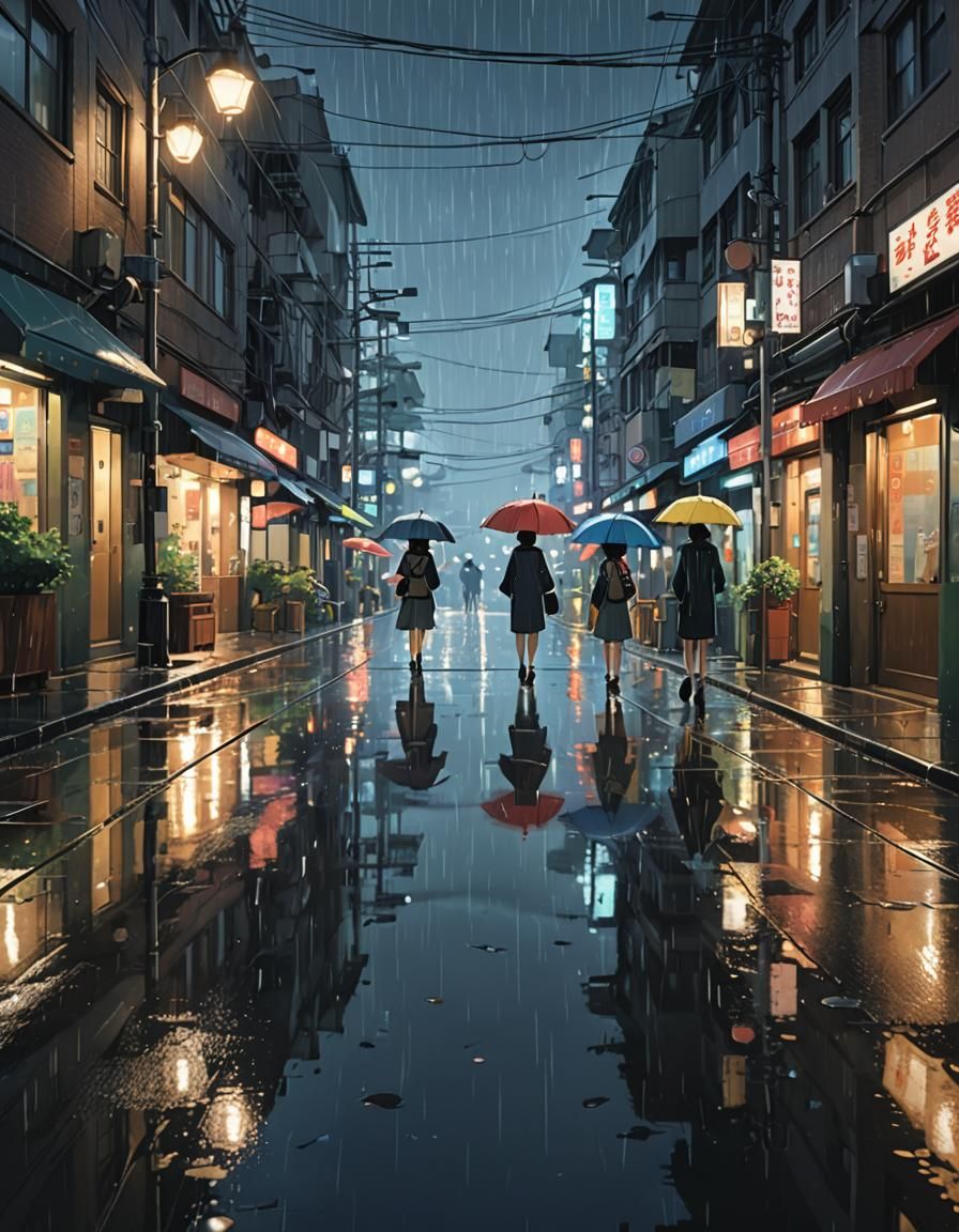 Rainy City Street Scene in Anime Style