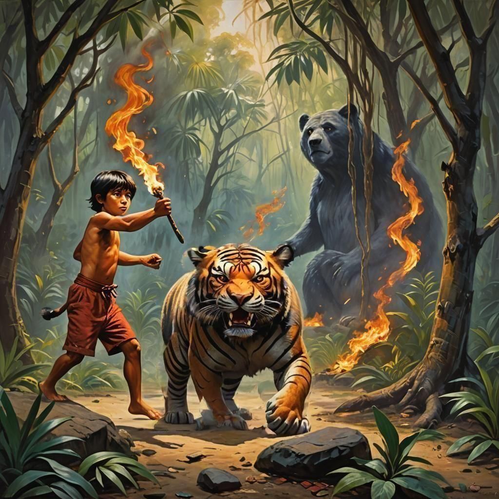 Baloo The Bear & Mowgli Fight Off Shere Khan holding Burning...