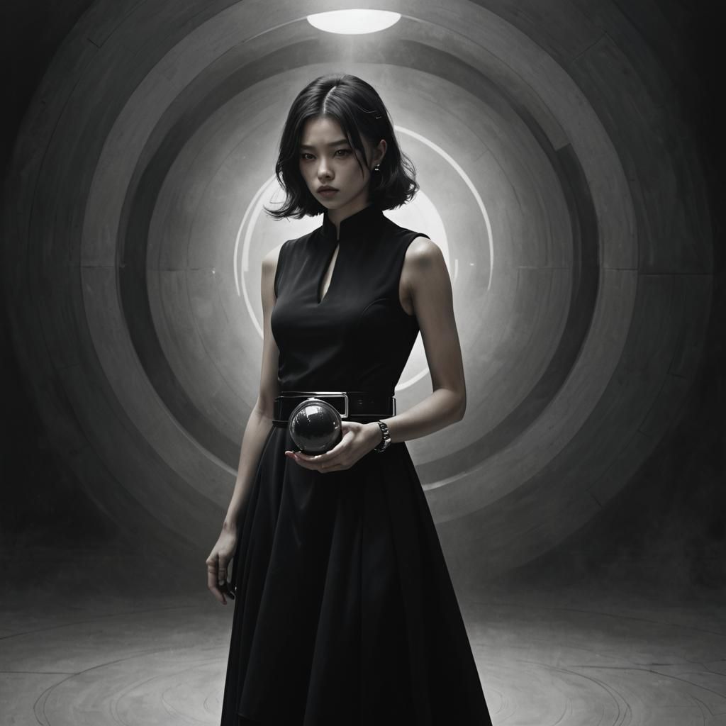 Mysterious Woman in Black Dress with Sphere
