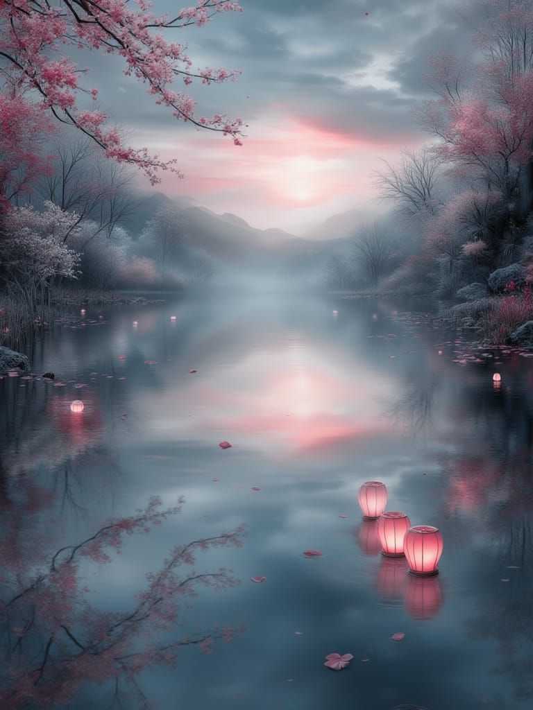 Japanese Lanterns Glow on Twilight Pond