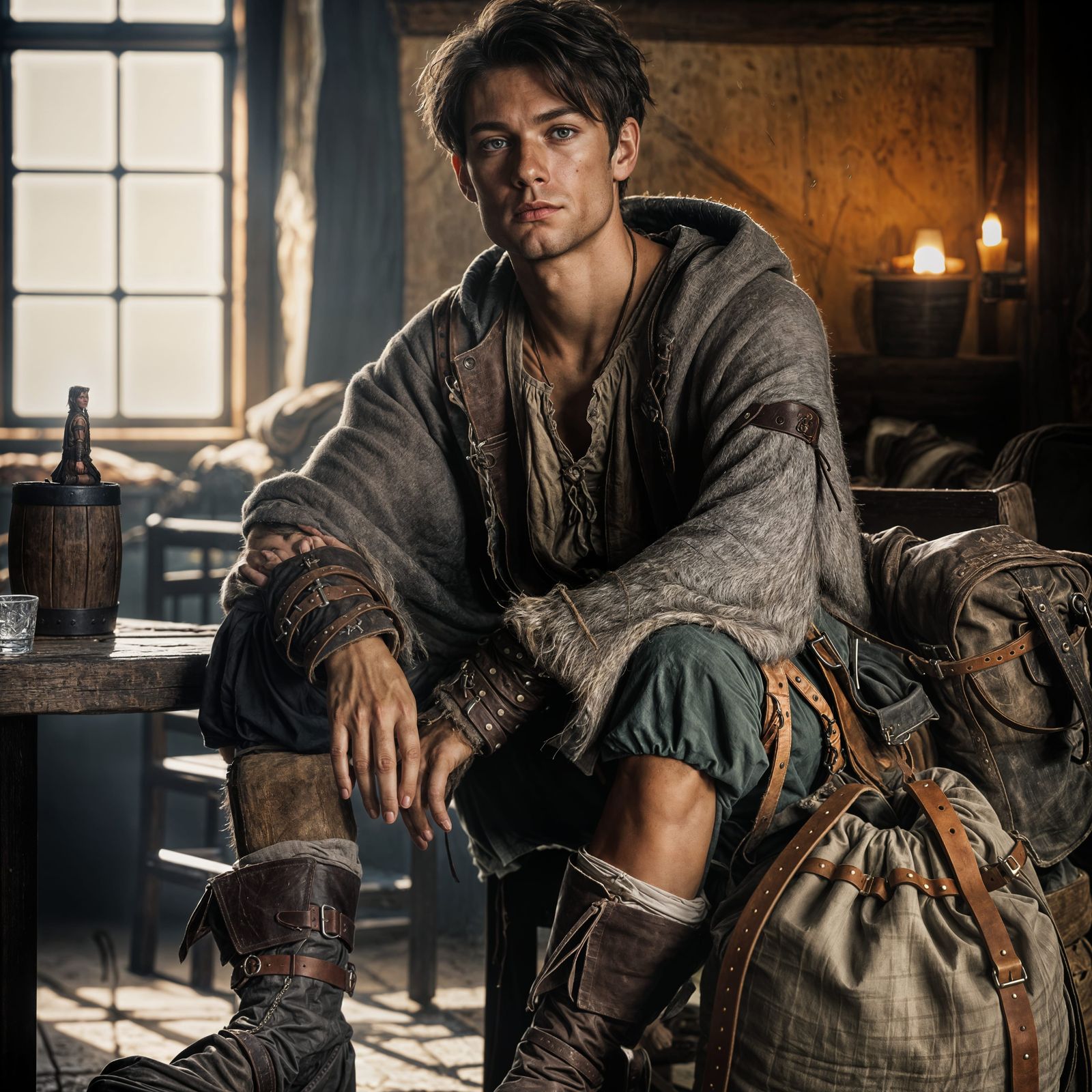 Fantasy Monk Cleric Relaxing in Rustic Tavern