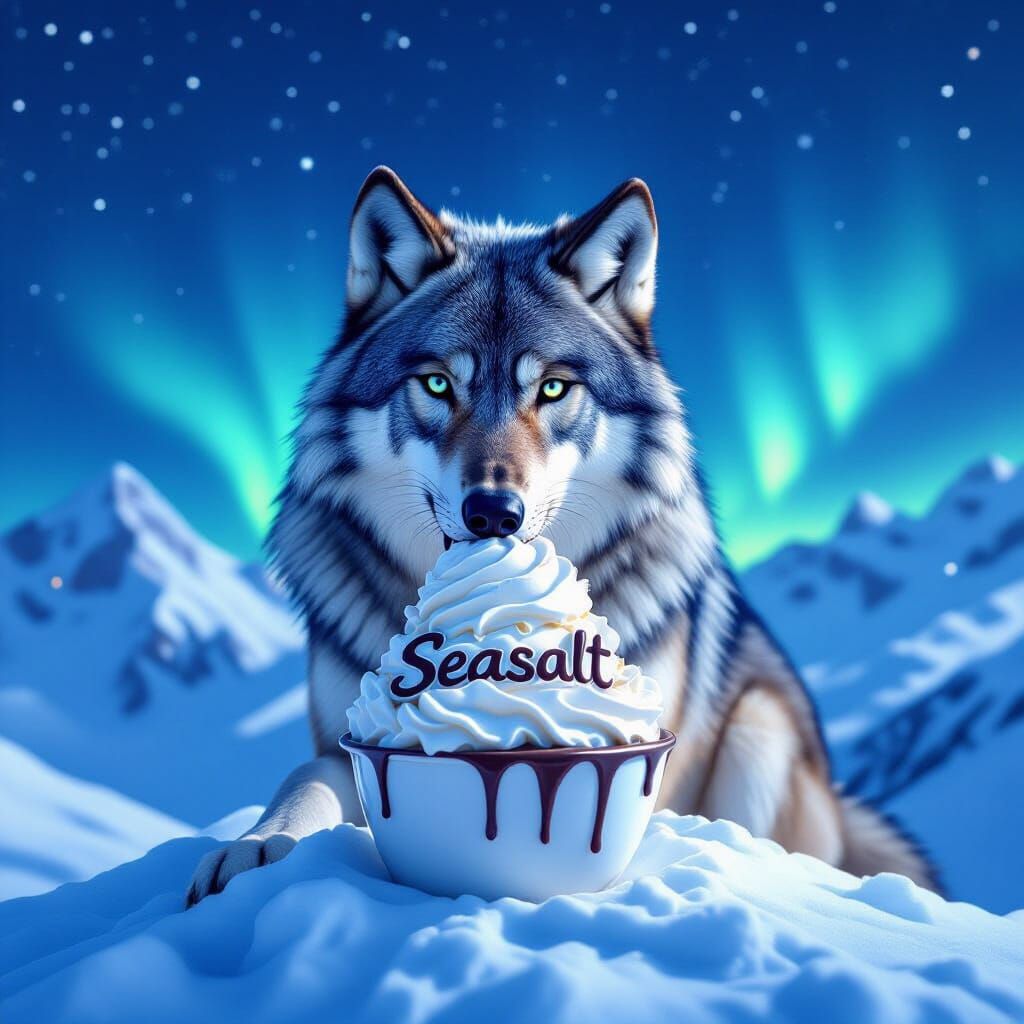 Wolf Eating Seasalt Ice Cream Under Aurora Sky