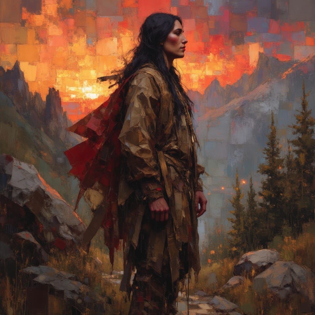 Native American Silhouette with Mountain Sunset