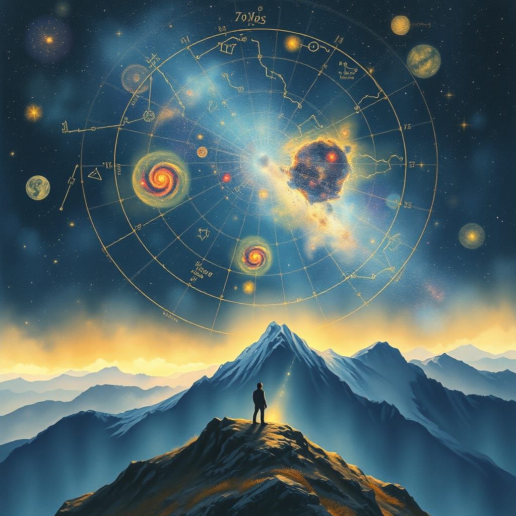 Celestial Map Above Mountaintop in Watercolor Style