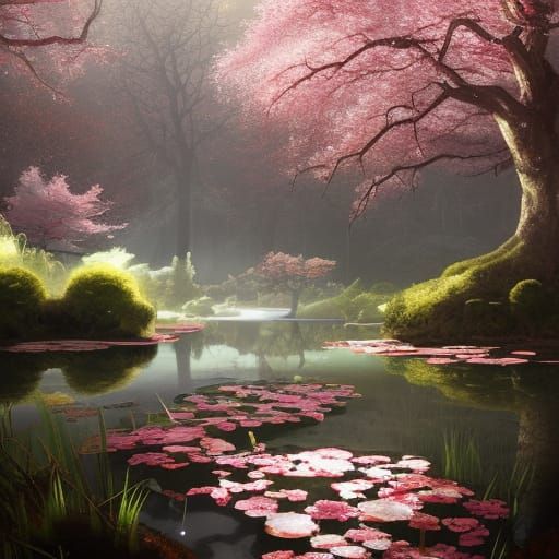 Gothic Forest with Cherry Trees in Spring Sunlight