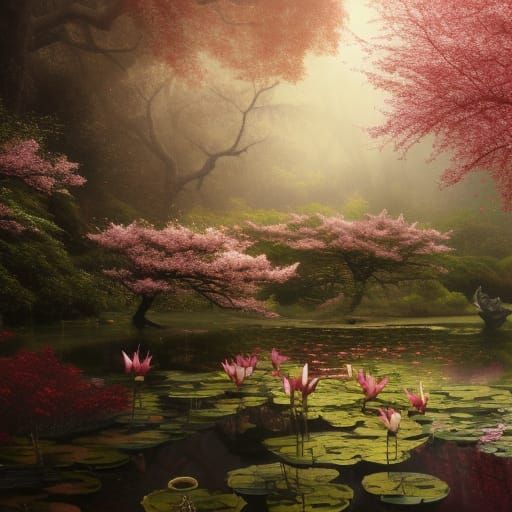 Gothic Forest Lily Pond in Spring Sunlight