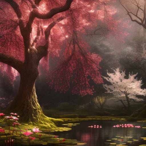 Enchanted Forest with Sakura and Lily Pond