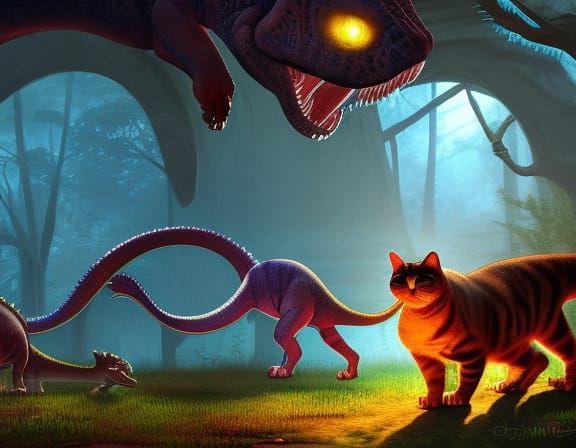 Cats and Dinosaurs Party: Detailed Fantasy Art