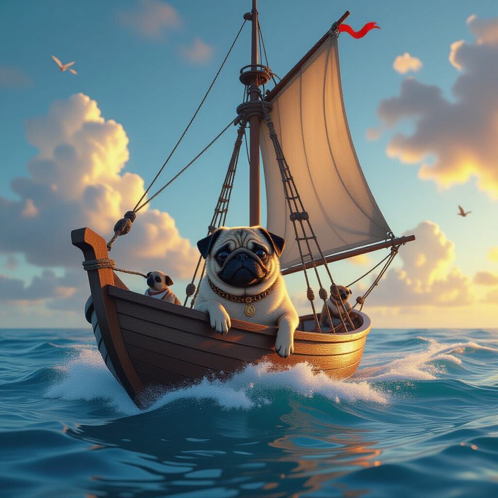 Pug's Fantastical Voyage: Detailed Digital Painting