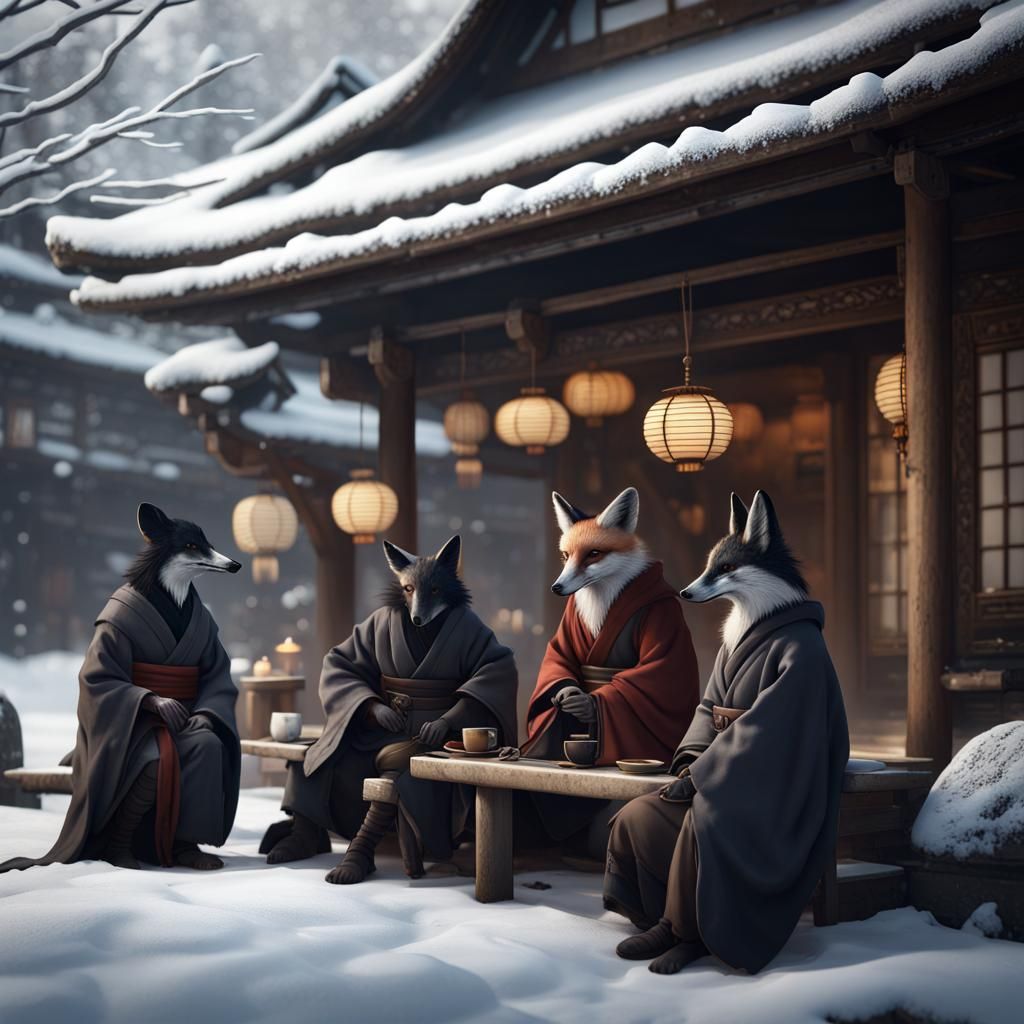 Monk Animals Outside Japanese Tea House
