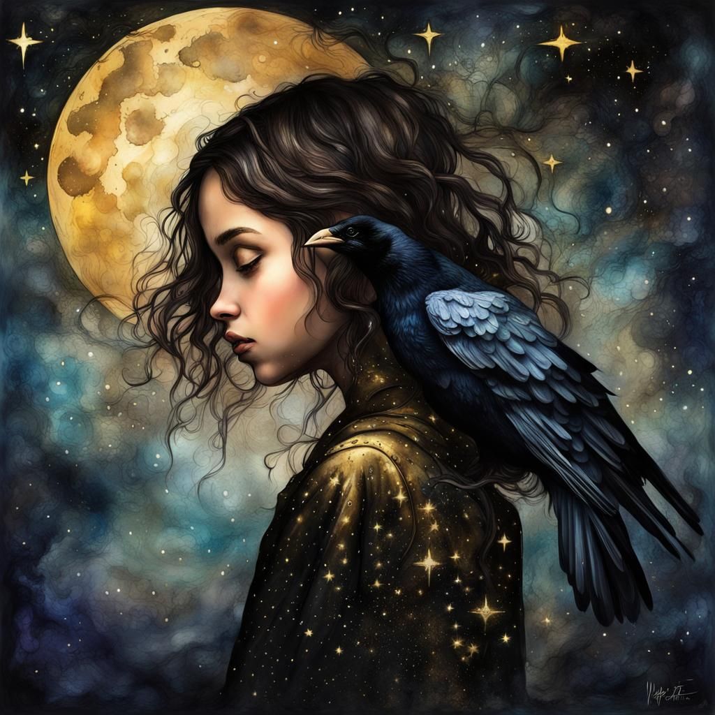 Magical Raven Girl Gazing at Starry Sky