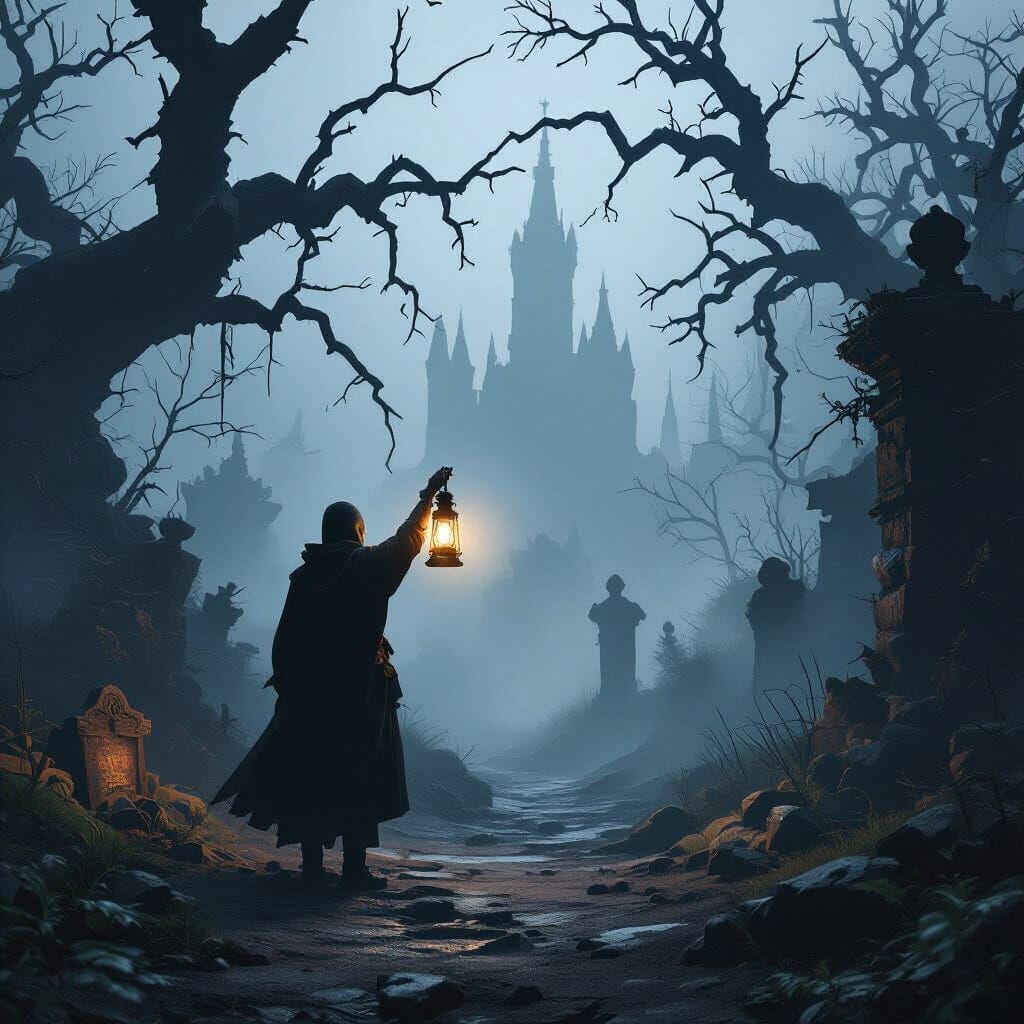 Mysterious Foggy Path with Lantern and Clues