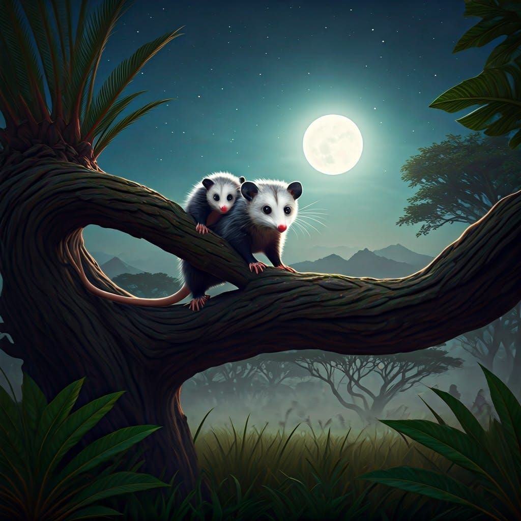 Opossum Family in Savannah Moonlight: A Matte Painting
