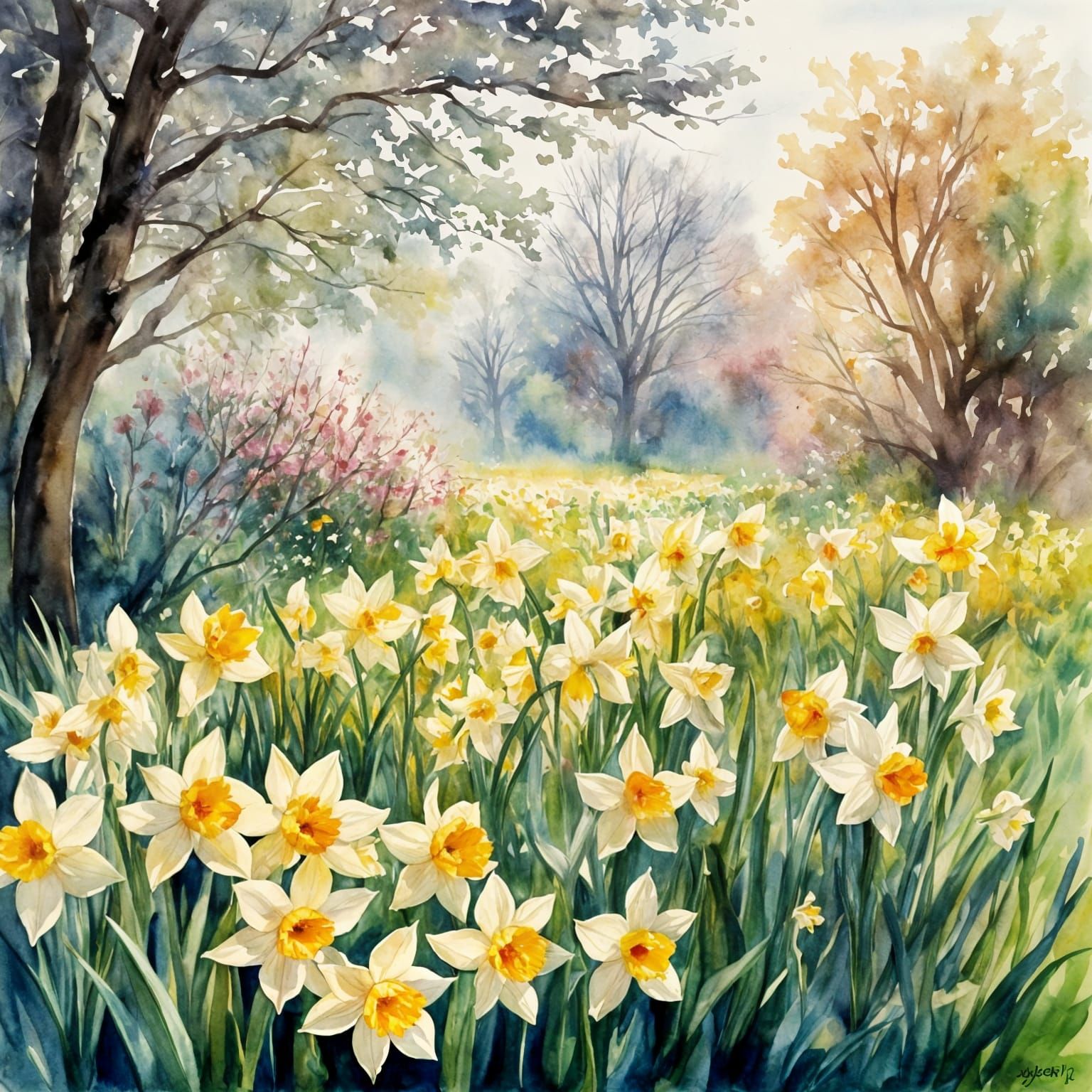 Whimsical Watercolor Daffodils in Spring Garden