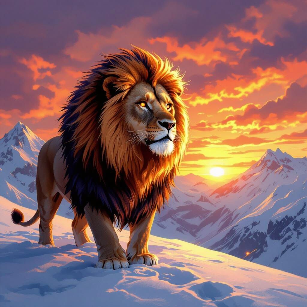 Fiery Lion on Snowy Peak at Sunset: Hyperrealistic Digital A...