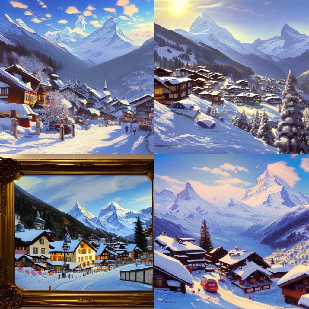 Zermatt Winter Day at Matterhorn in Kinkade Style