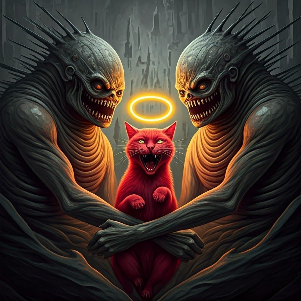 Grotesque Creatures Share Screaming Cat in Expressionist Sty...