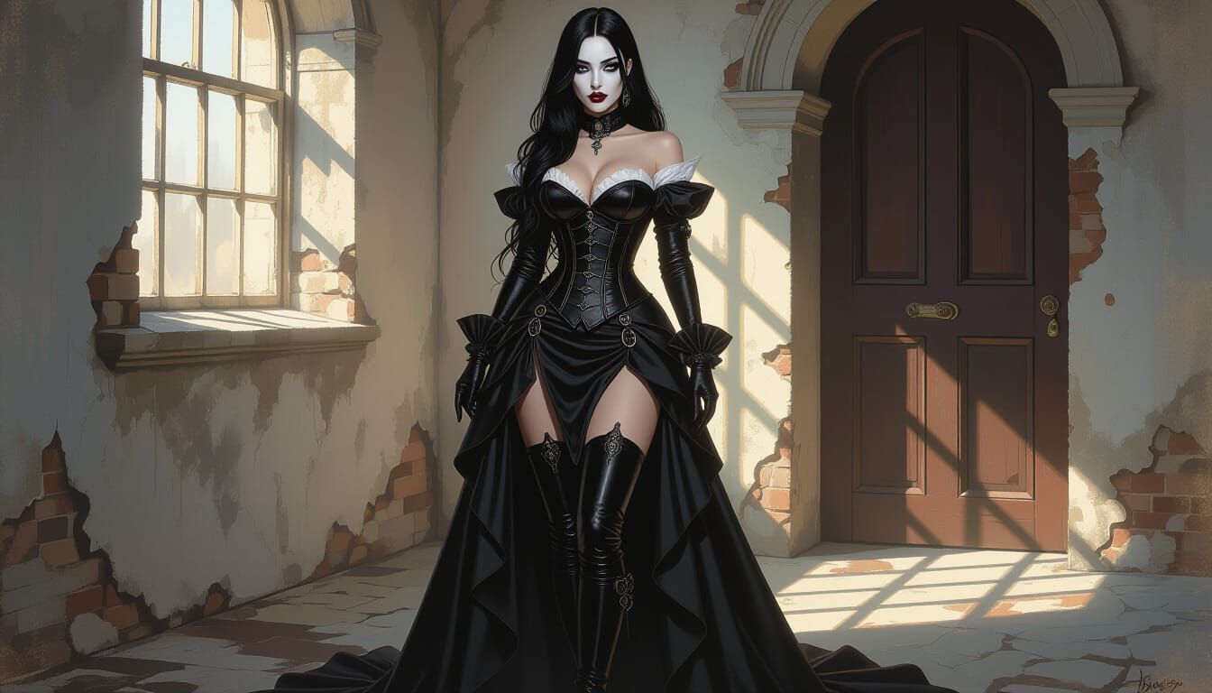 Gothic Steampunk Woman in Dusty Room Neo-Romantic Style