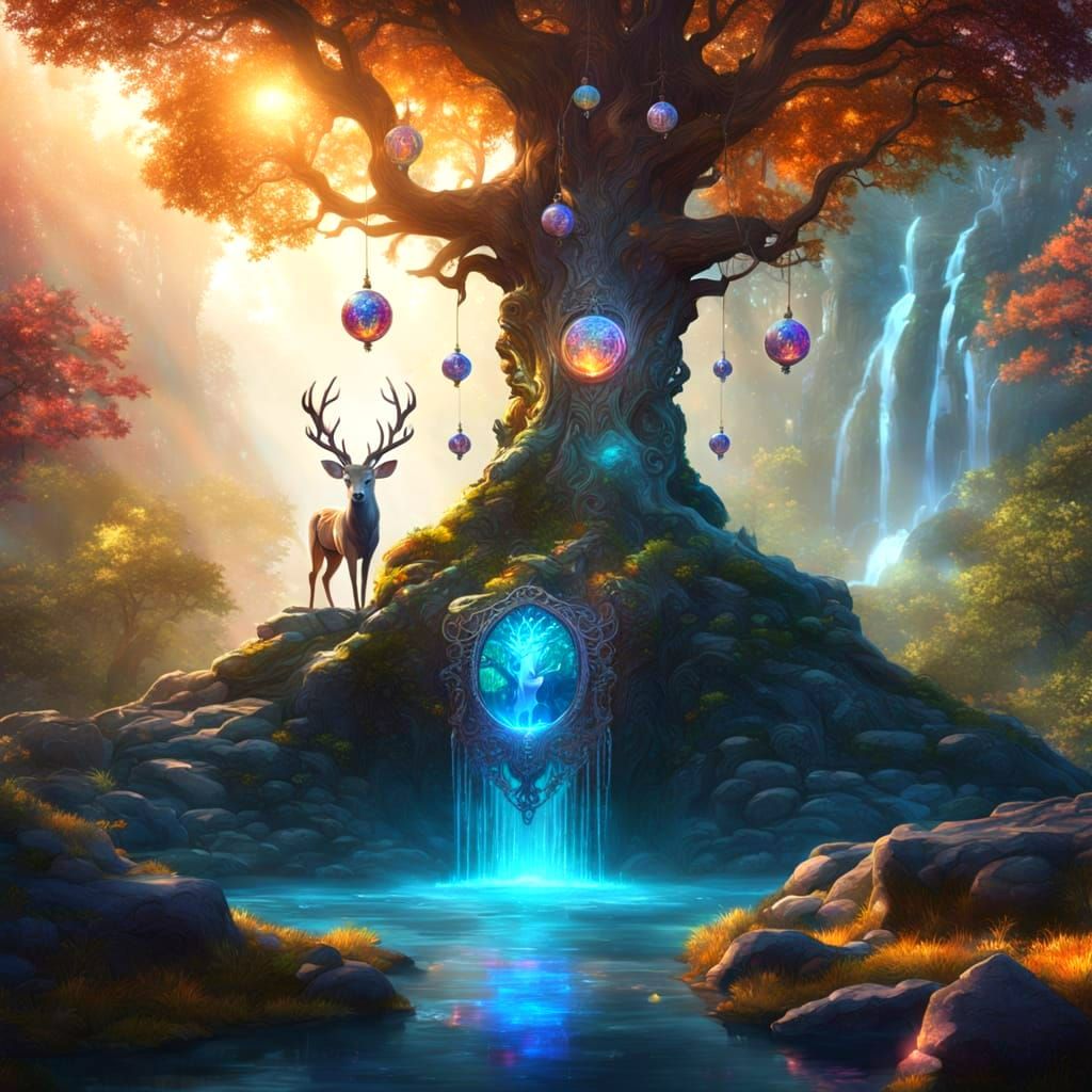 Glimmering Silver Shield Amidst Vibrant Waterfall and Oak Tr...