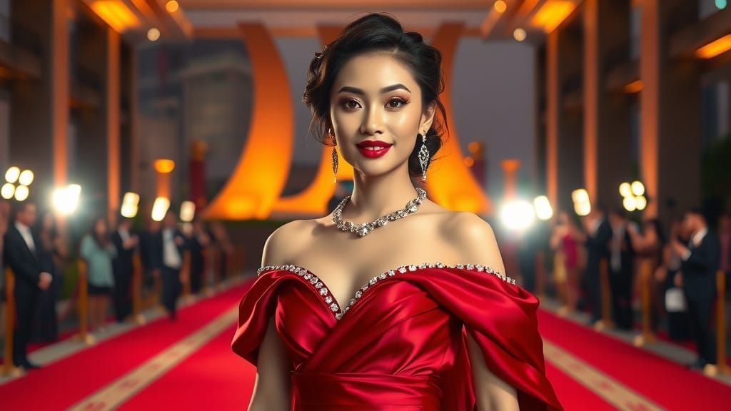 Elegant Asian Woman at Jakarta Event in Luxury Red Gown