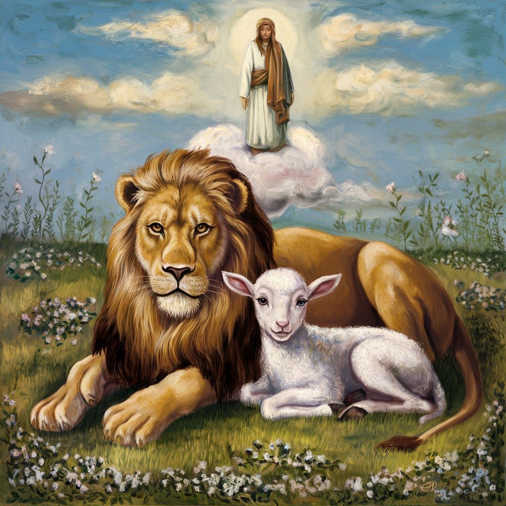 Lion and Lamb in Harmony, Peaceful Meadow