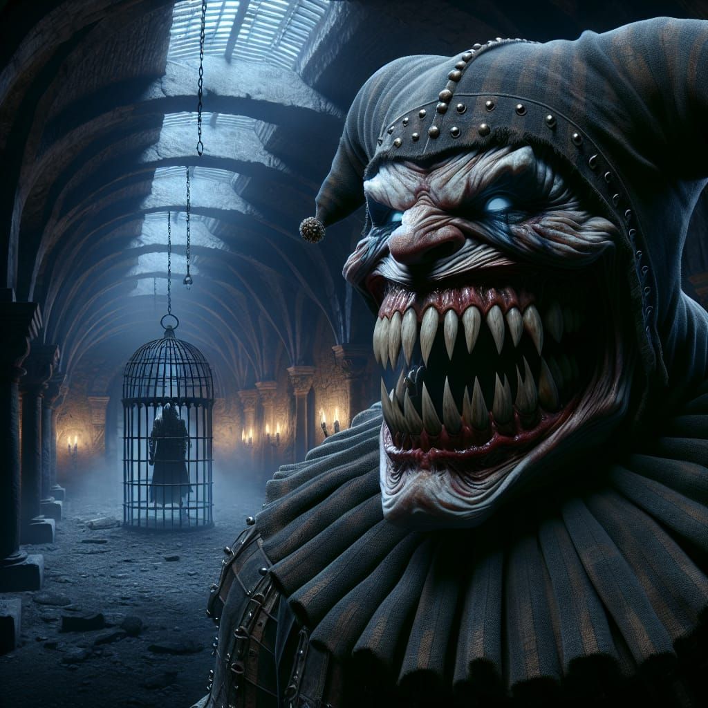 Ghoulish Jester Grinning in Eerie Cellar