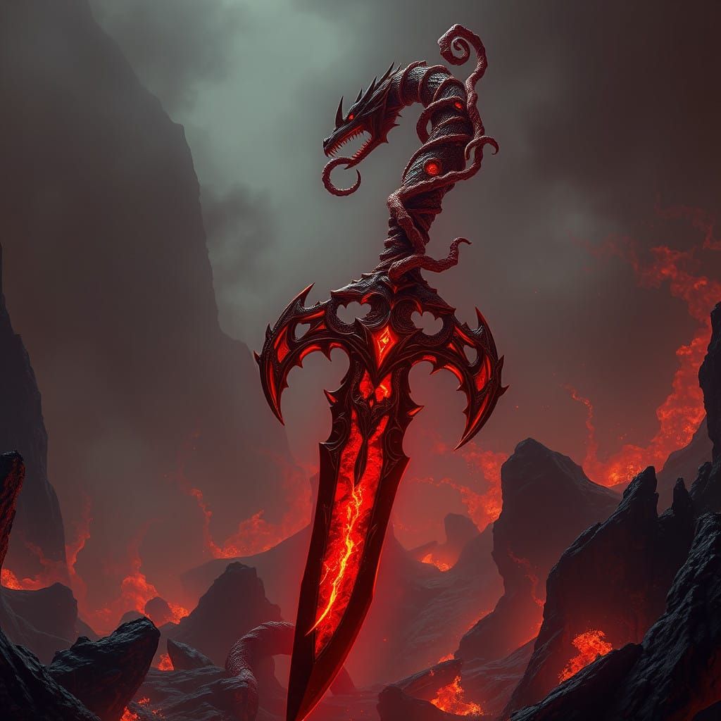 Demonic Sword Forged from Blood and Dragon Scales in a Dark....