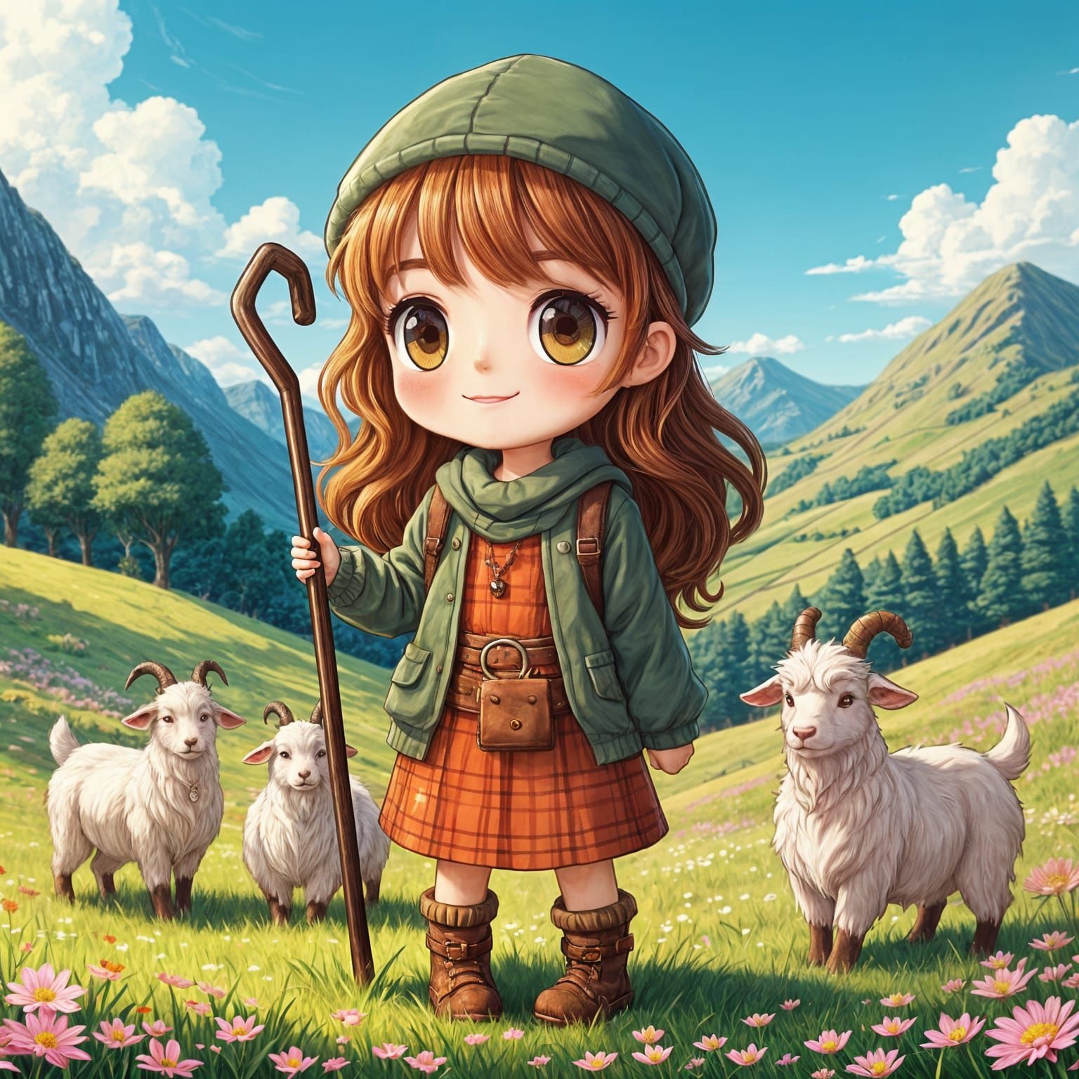 Chibi Anime Shepherd Girl in Highland Meadow