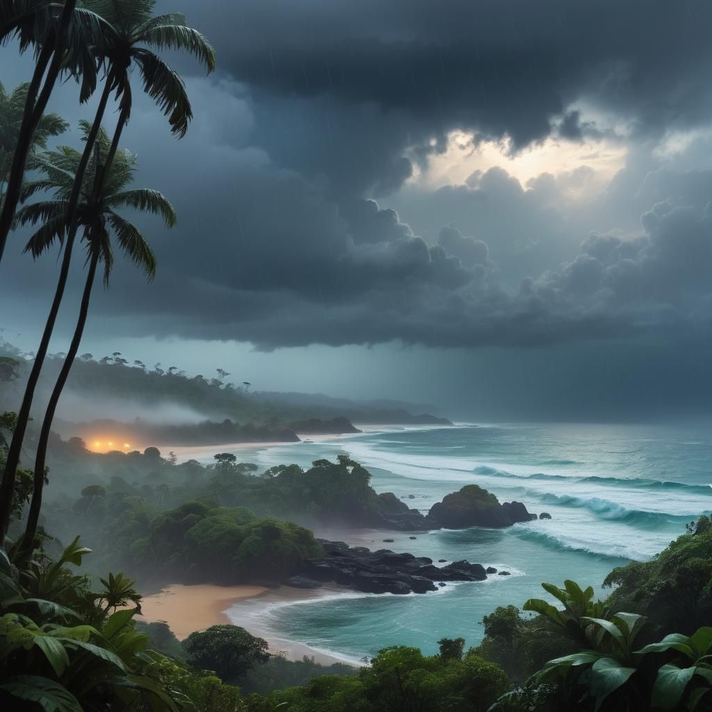 Galactic Jungle Meets Oceanfront Under Misty Skies