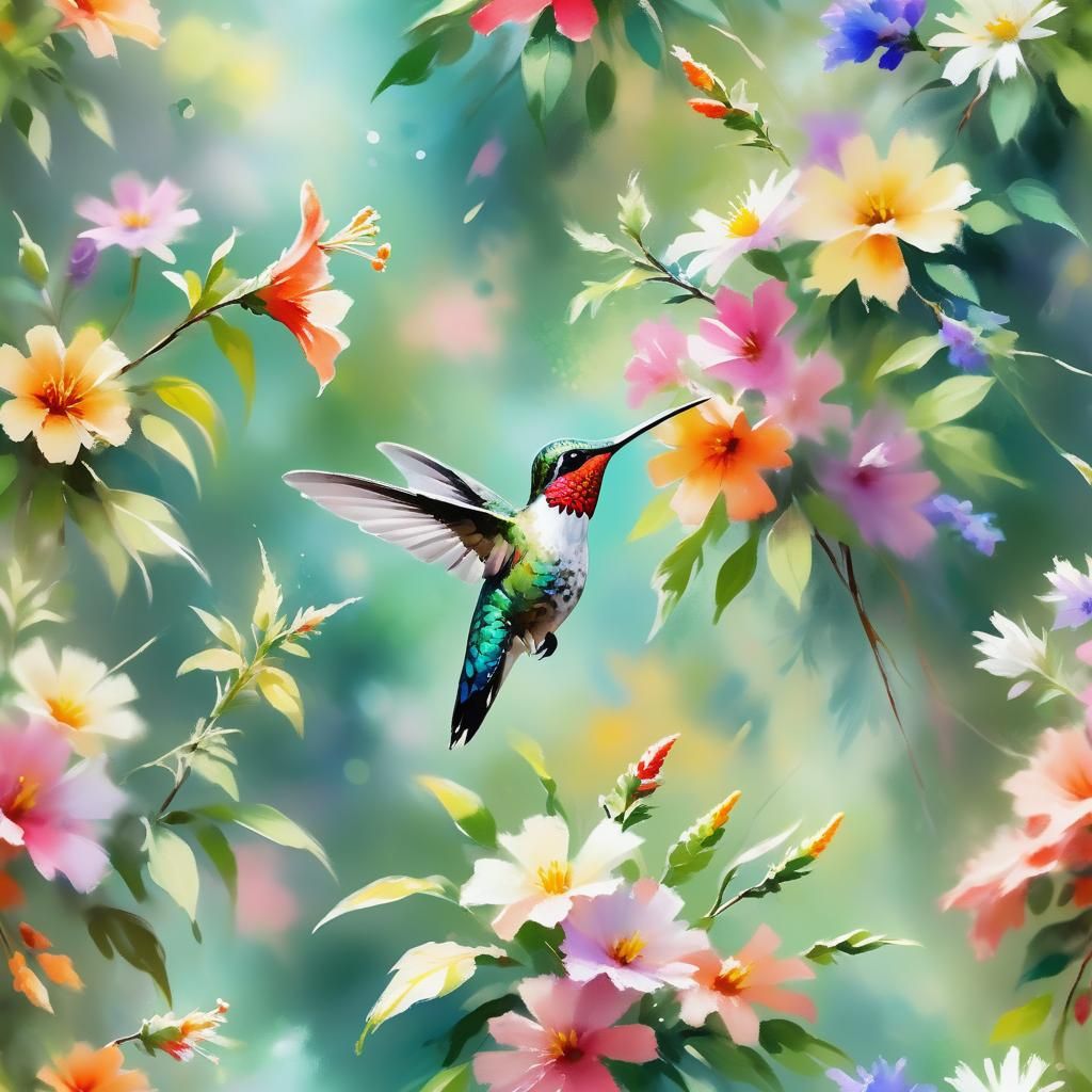 Hummingbird Sips Nectar in Impressionist Watercolor Garden