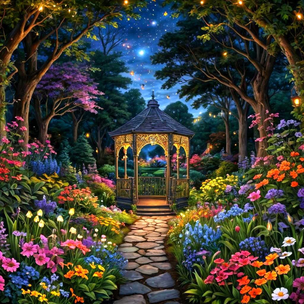 Night Garden Keyhole: Dreamy Arthur Rackham Style Painting