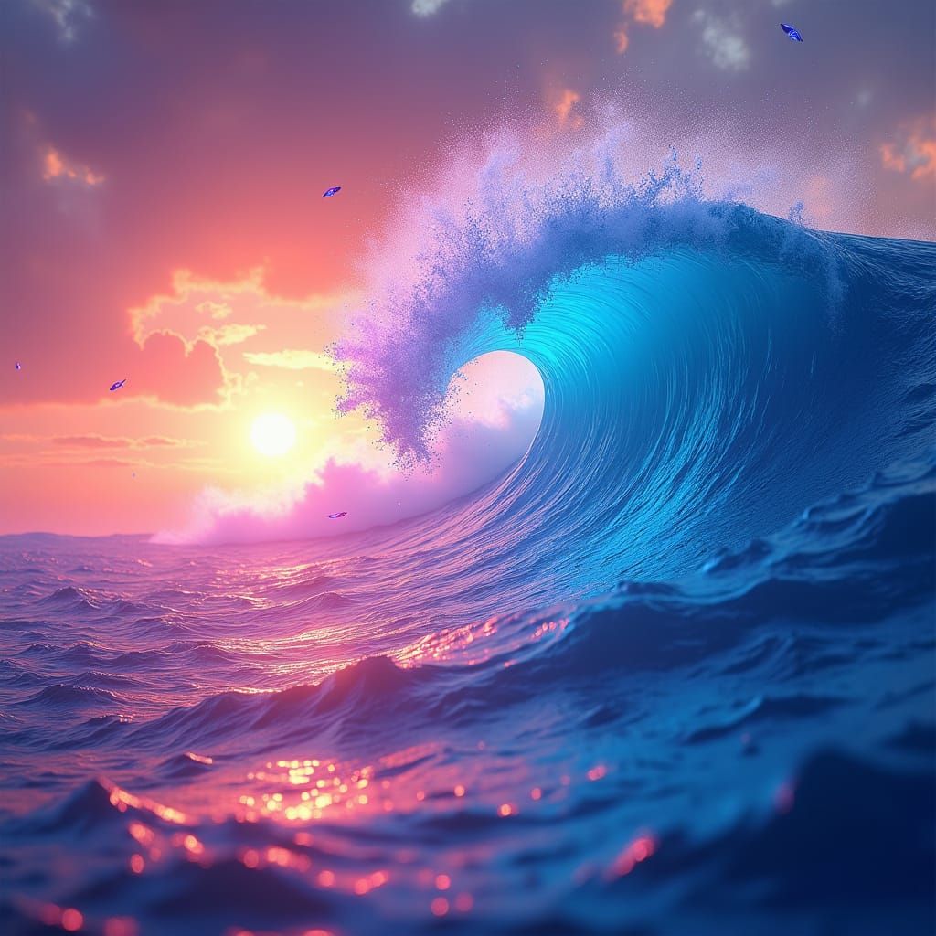Iridescent Ocean Wave Crashing Under Neon Sunset