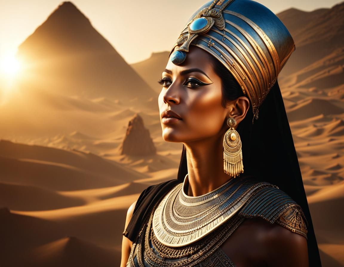 Egyptian Priestess in Morning Sun Mist: Hyperrealistic Image