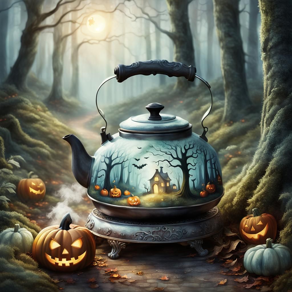 Whimsical Halloween Tea Kettle in Forest Illustration