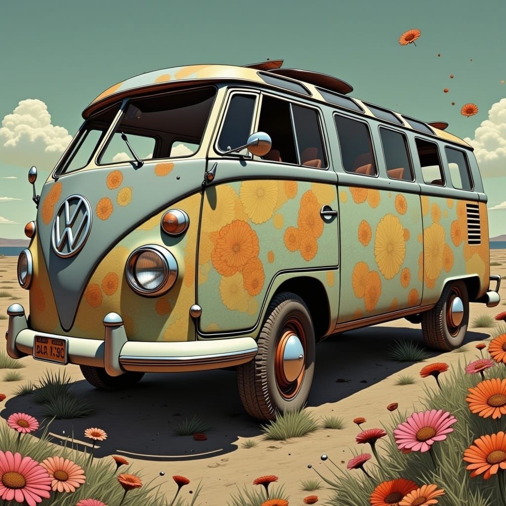 VW Van Robot Transformation in Retrofuturistic Mosaic