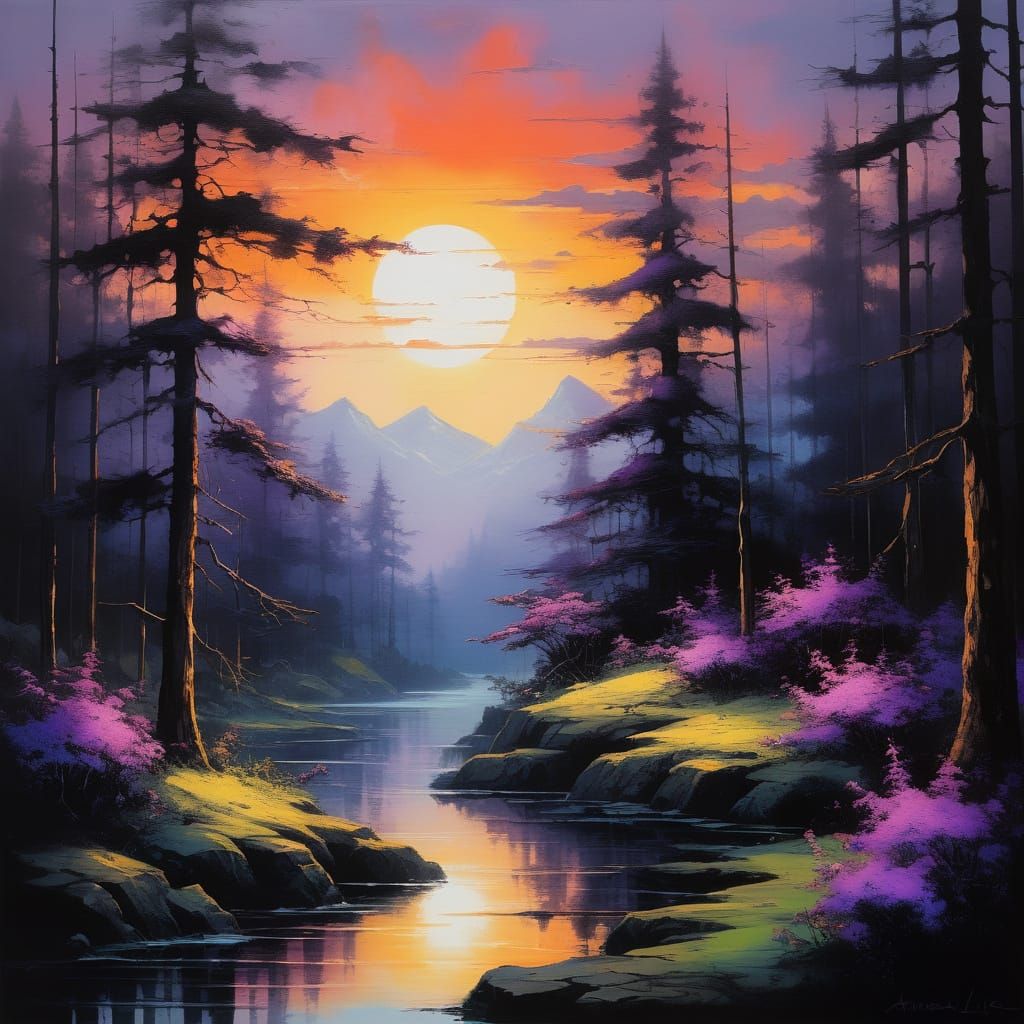 Mystical Forest Sunset with Purple Flowers in Sumi-e Style