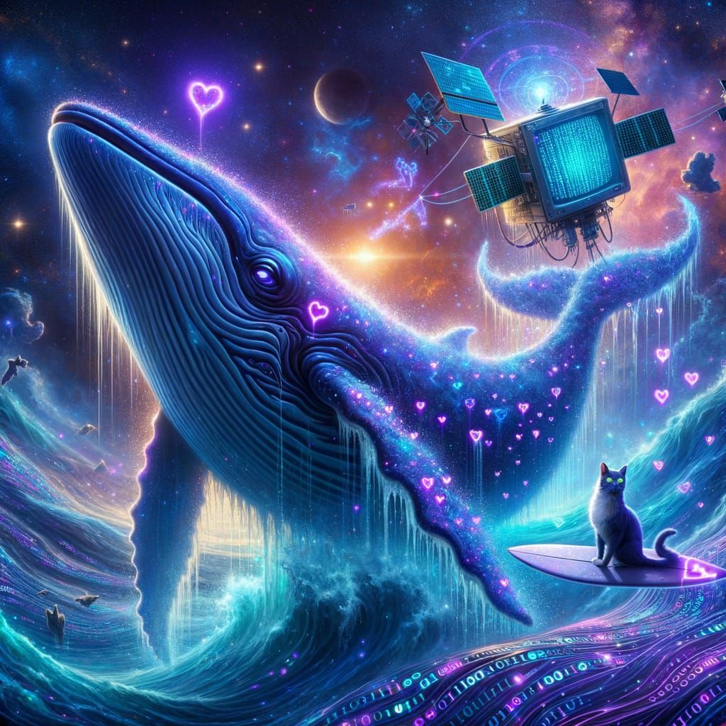 Whale and AI Satellite in Neon Cyber-Mystical Cosmos