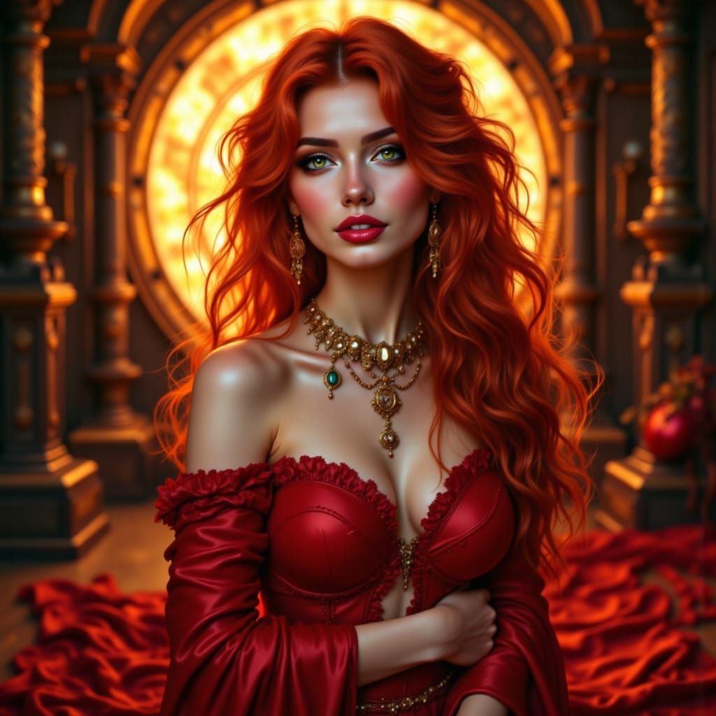 Crimson Woman with Glowing Portal, Hyper-Realistic Art