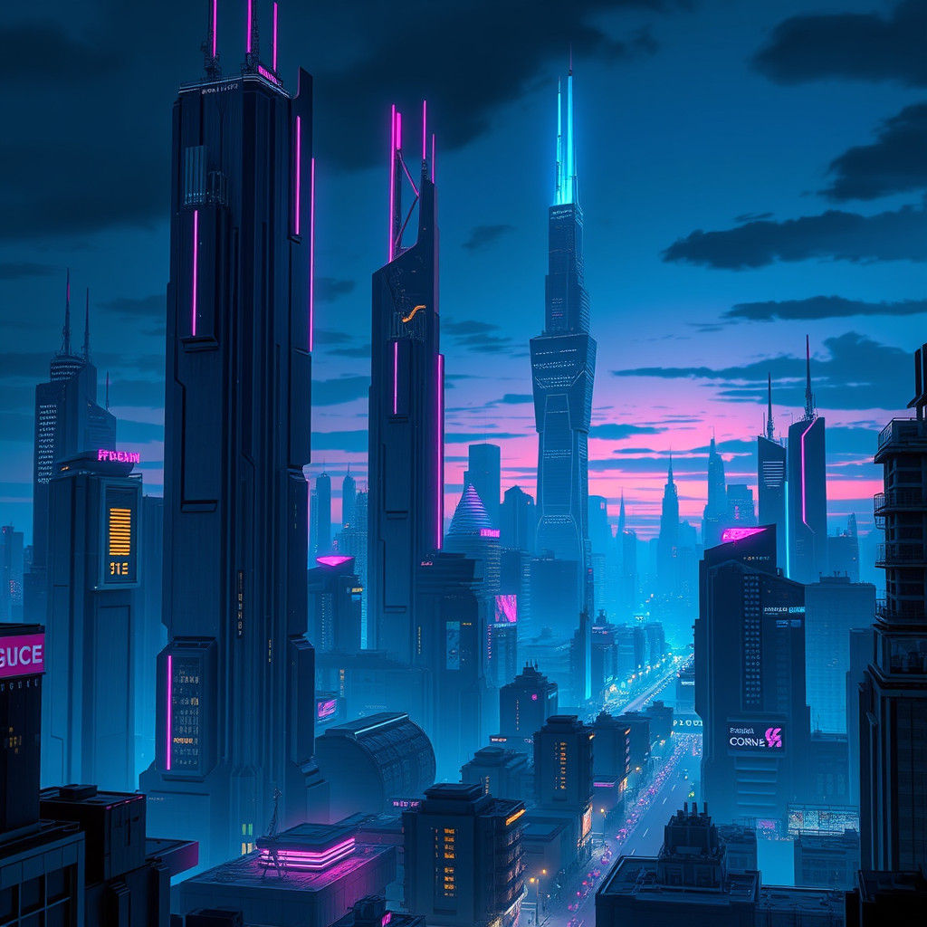 Cyberpunk Cityscape at Dusk with Neon Lights