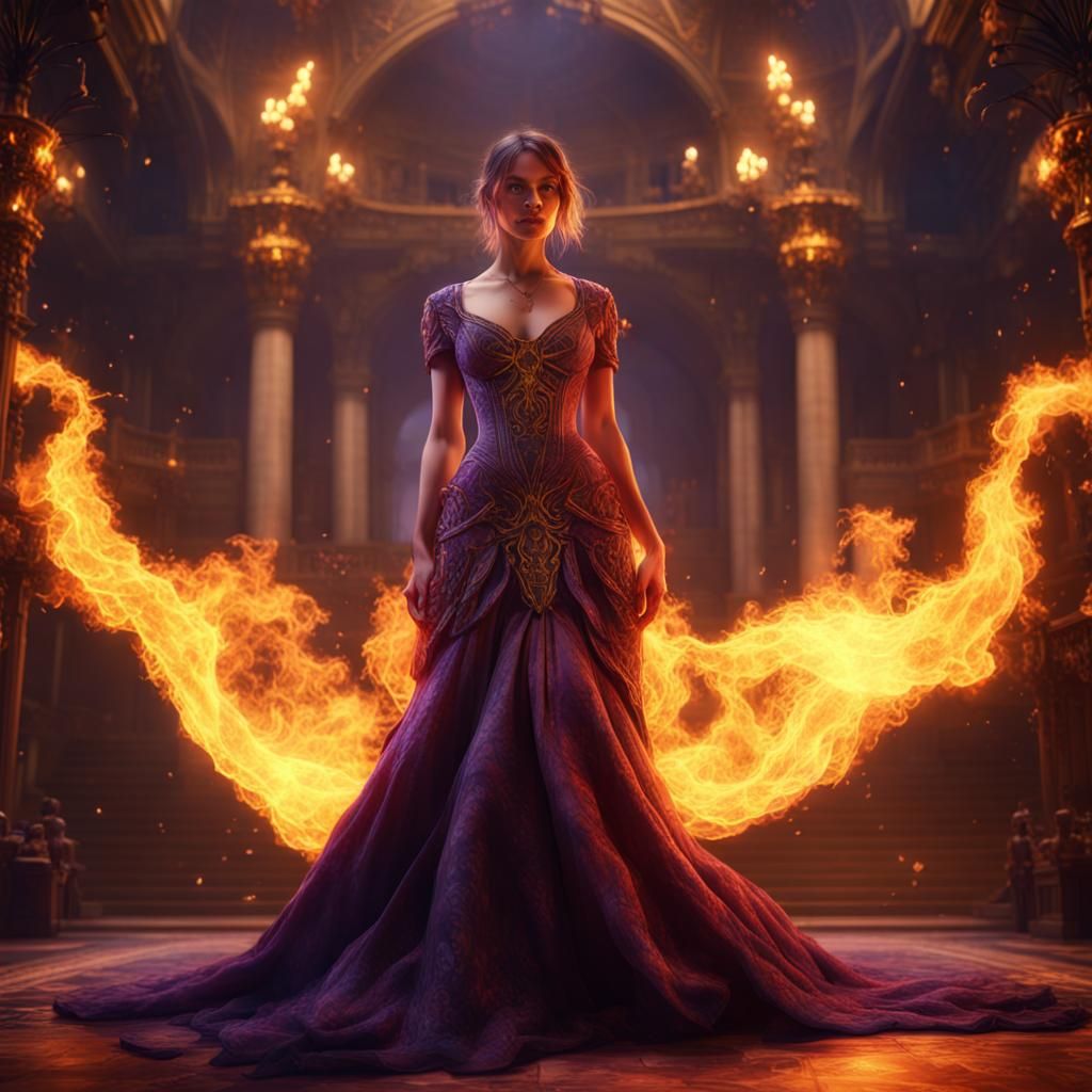 Fiery Ballgown Reveal in Dark Fantasy Style