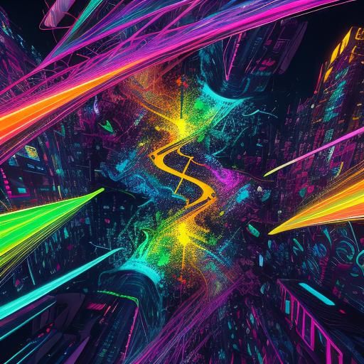Psychedelic Surrealist Cityscape with Neon Geometric Shapes
