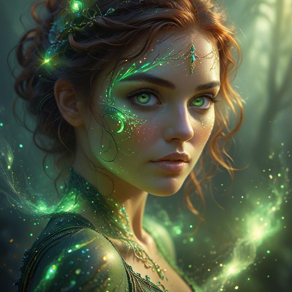 Ethereal Fantasy Figure with Glowing Green Eyes