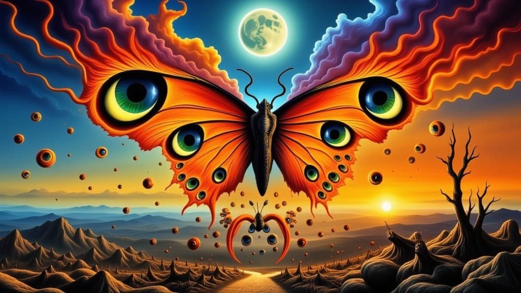 Surreal Xenomorph Butterfly Man in Burning Forest