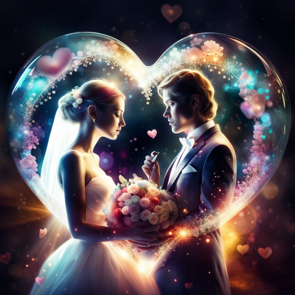 Cosmic Glass Heart: Bride and Groom Embrace