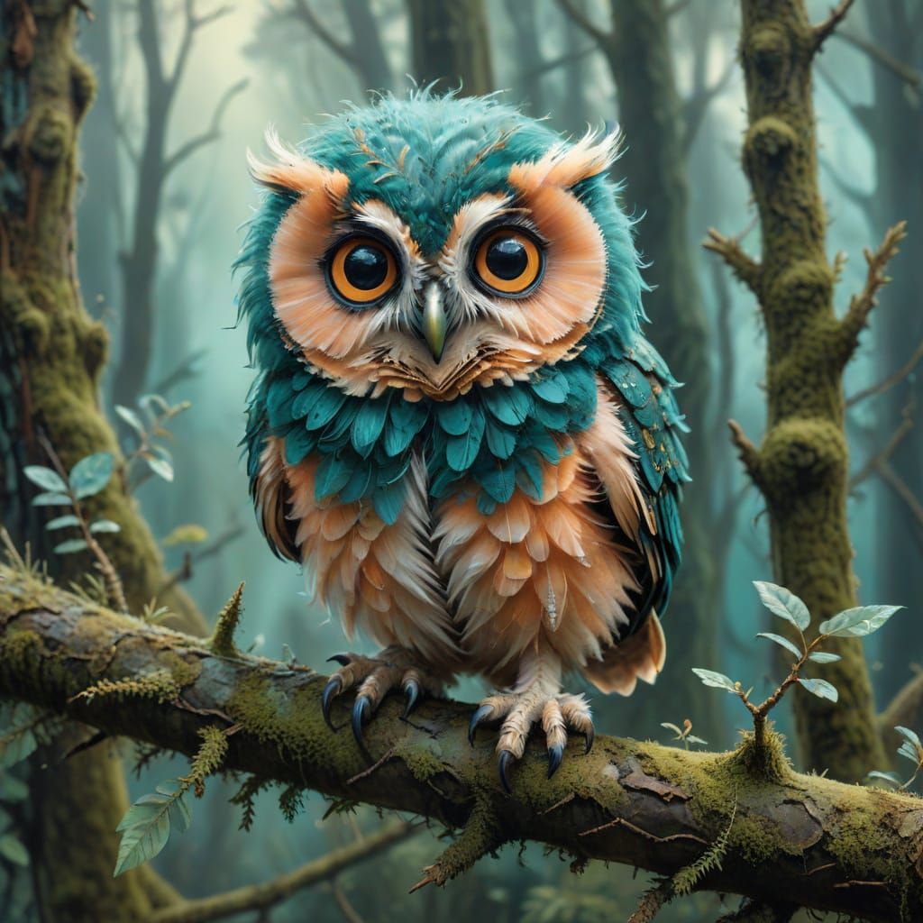 Baby Owl on Mossy Branch in Misty Forest