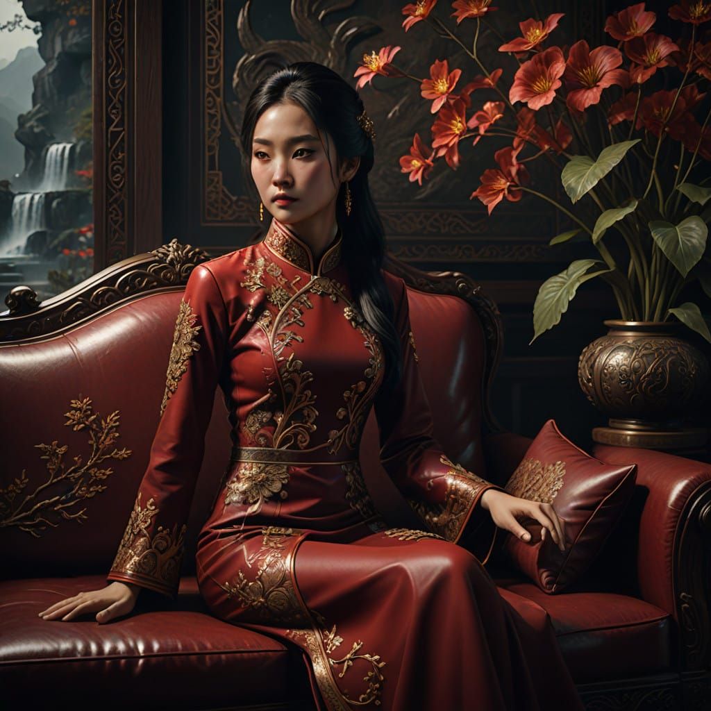 Elegant Chinese Woman in Dark, Moody Aesthetic