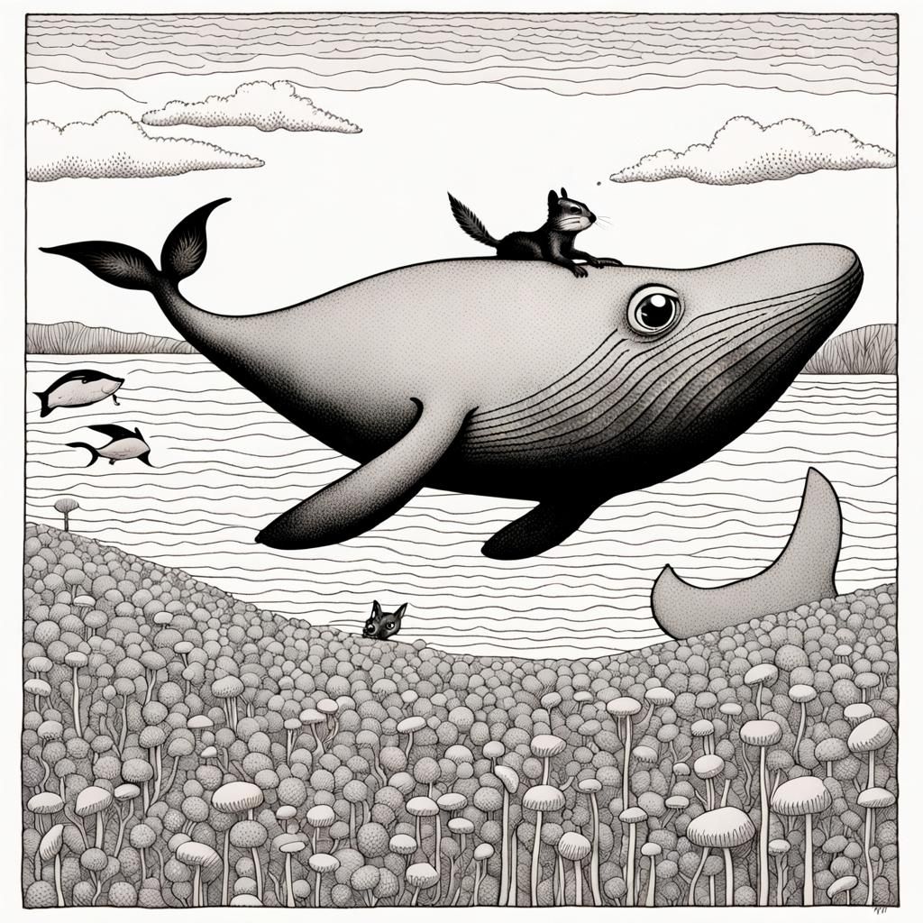 Chipmunk Rides Whale in Art Brut Style