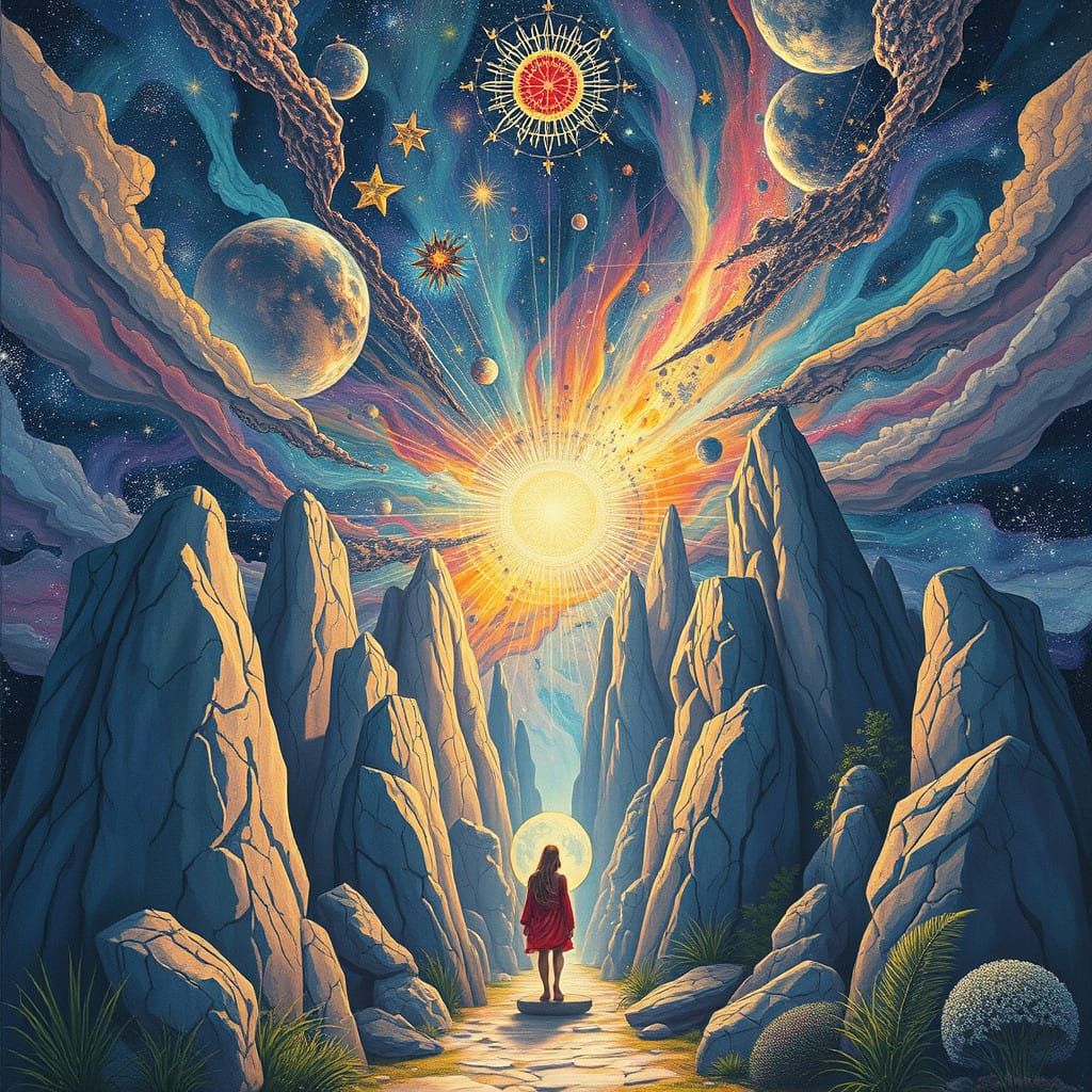 Cosmic Rock City Gardens in Vibrant Holographic Aesthetic